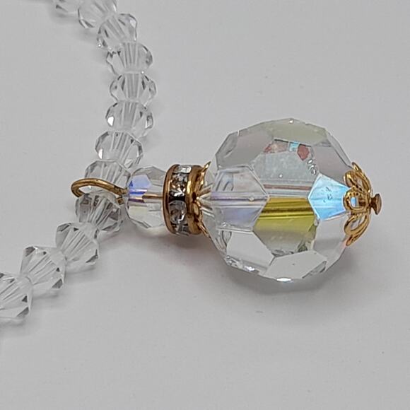 Vintage 1960s Crystal Faceted Pendant Necklace, AB Rhinestone Box Clasp, 17 Inch - Picture 9 of 11